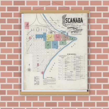 Old map wall art mockup — magnetic wood frame on brick wall — Sanborn Fire Insurance Map from Escanaba, Delta County, Michigan (1893) - Complete Map Set