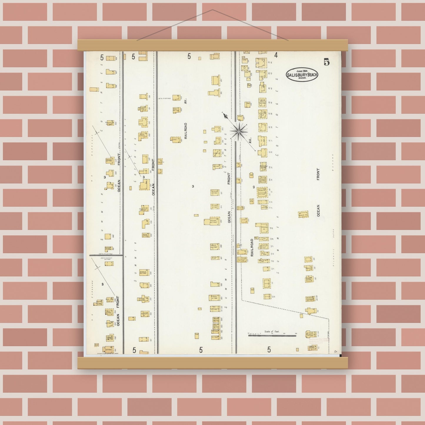 Old map wall art mockup — magnetic wood frame on brick wall — Sanborn Fire Insurance Map from Salisbury, Essex County, Massachusetts (1904), Sheet #0005