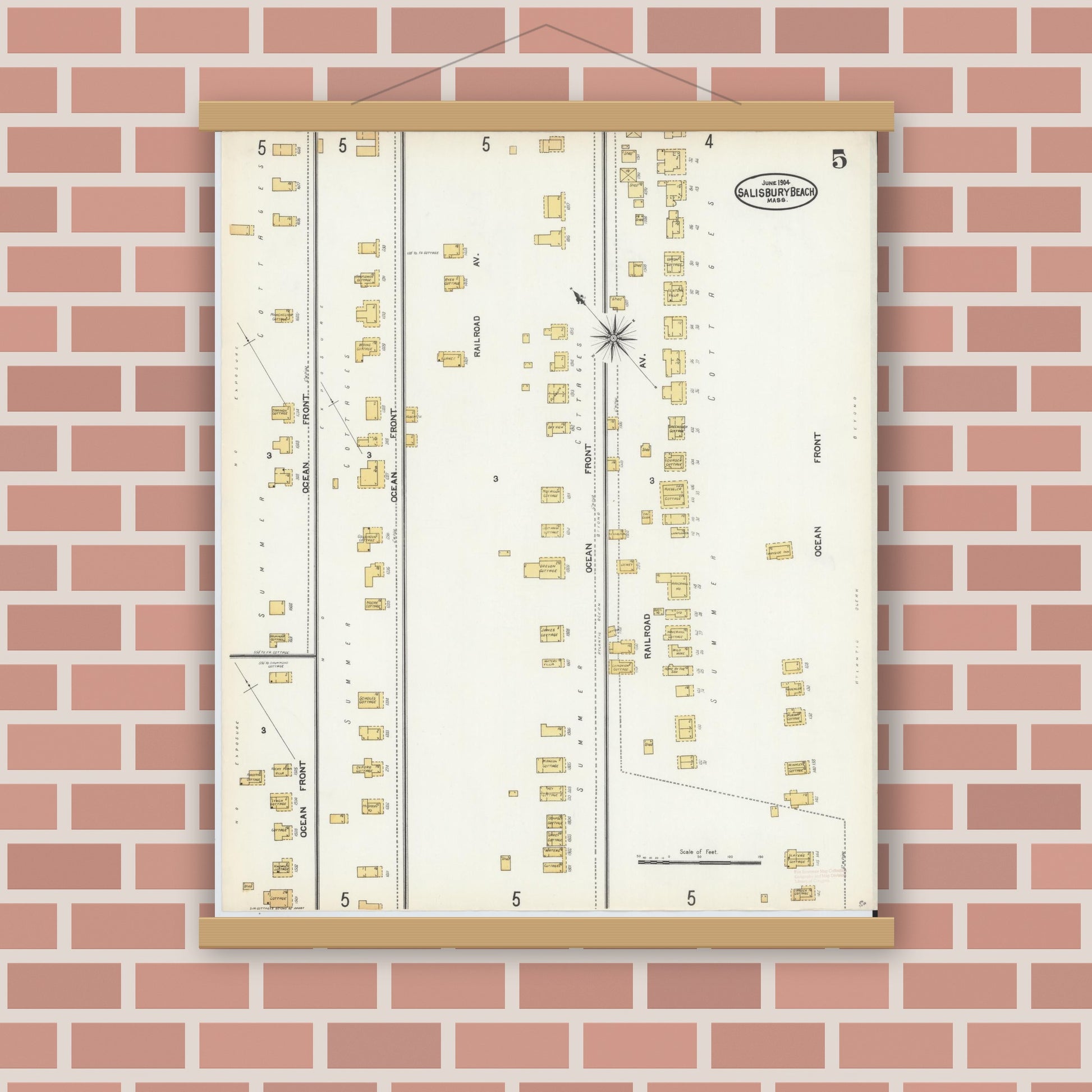 Old map wall art mockup — magnetic wood frame on brick wall — Sanborn Fire Insurance Map from Salisbury, Essex County, Massachusetts (1904), Sheet #0005