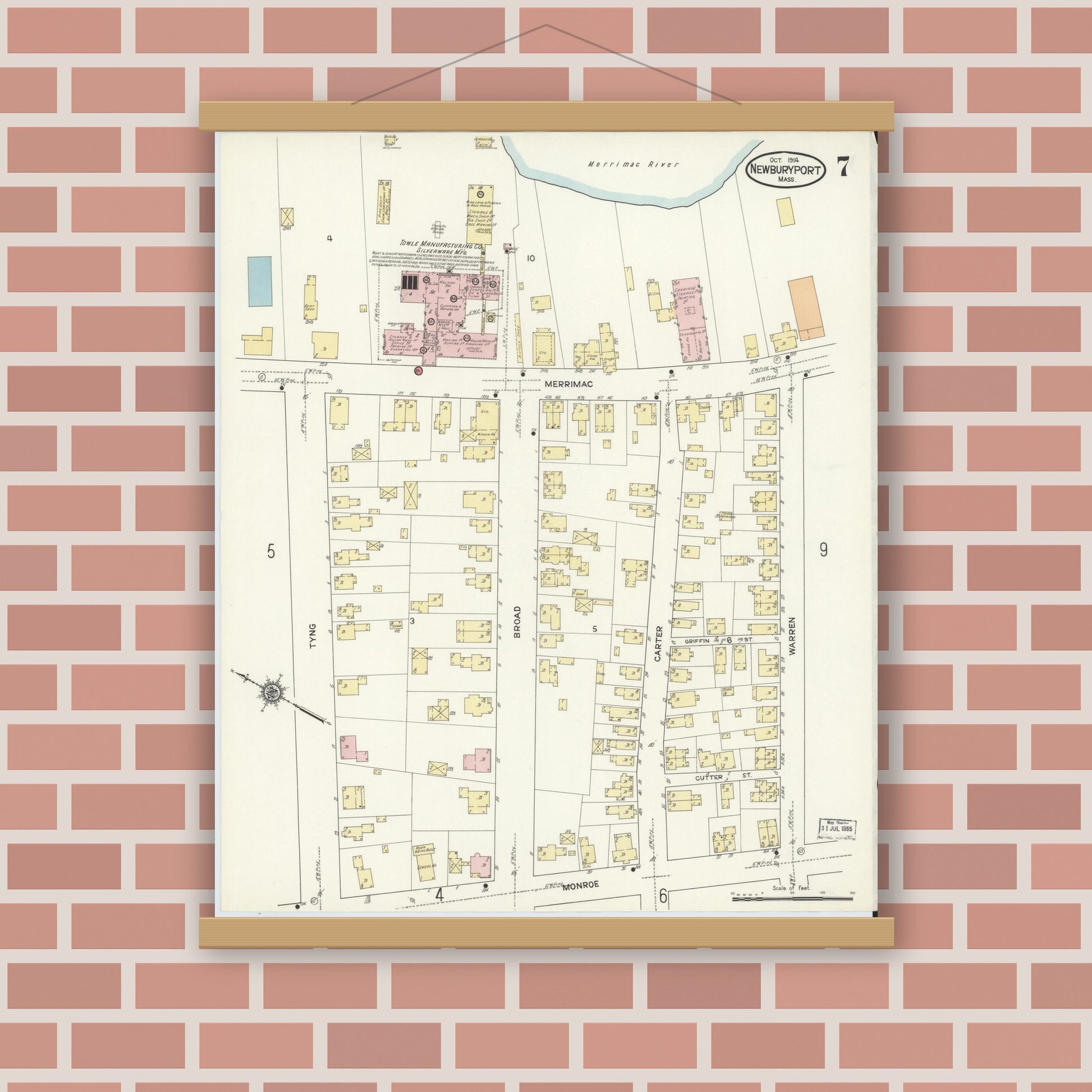 Old map wall art mockup — magnetic wood frame on brick wall — Sanborn Fire Insurance Map from Newburyport, Essex County, Massachusetts (1914), Sheet #0007