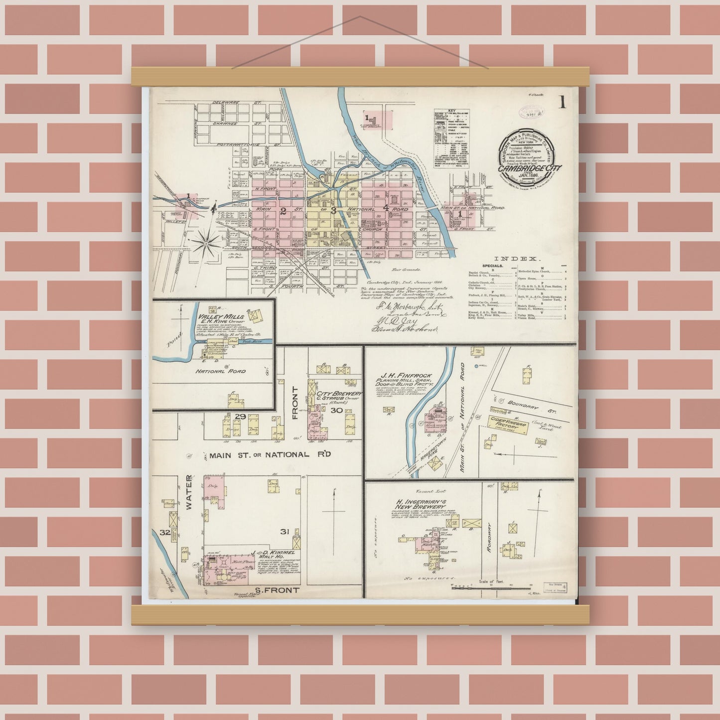 Old map wall art mockup — magnetic wood frame on brick wall — Sanborn Fire Insurance Map from Cambridge City, Wayne County, Indiana (1886) - Complete Map Set