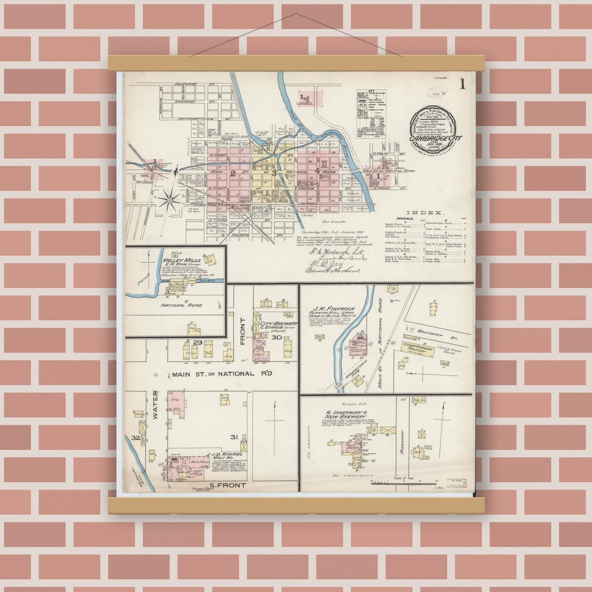 Old map wall art mockup — magnetic wood frame on brick wall — Sanborn Fire Insurance Map from Cambridge City, Wayne County, Indiana (1886) - Complete Map Set