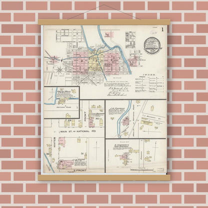 Old map wall art mockup — magnetic wood frame on brick wall — Sanborn Fire Insurance Map from Cambridge City, Wayne County, Indiana (1886) - Complete Map Set