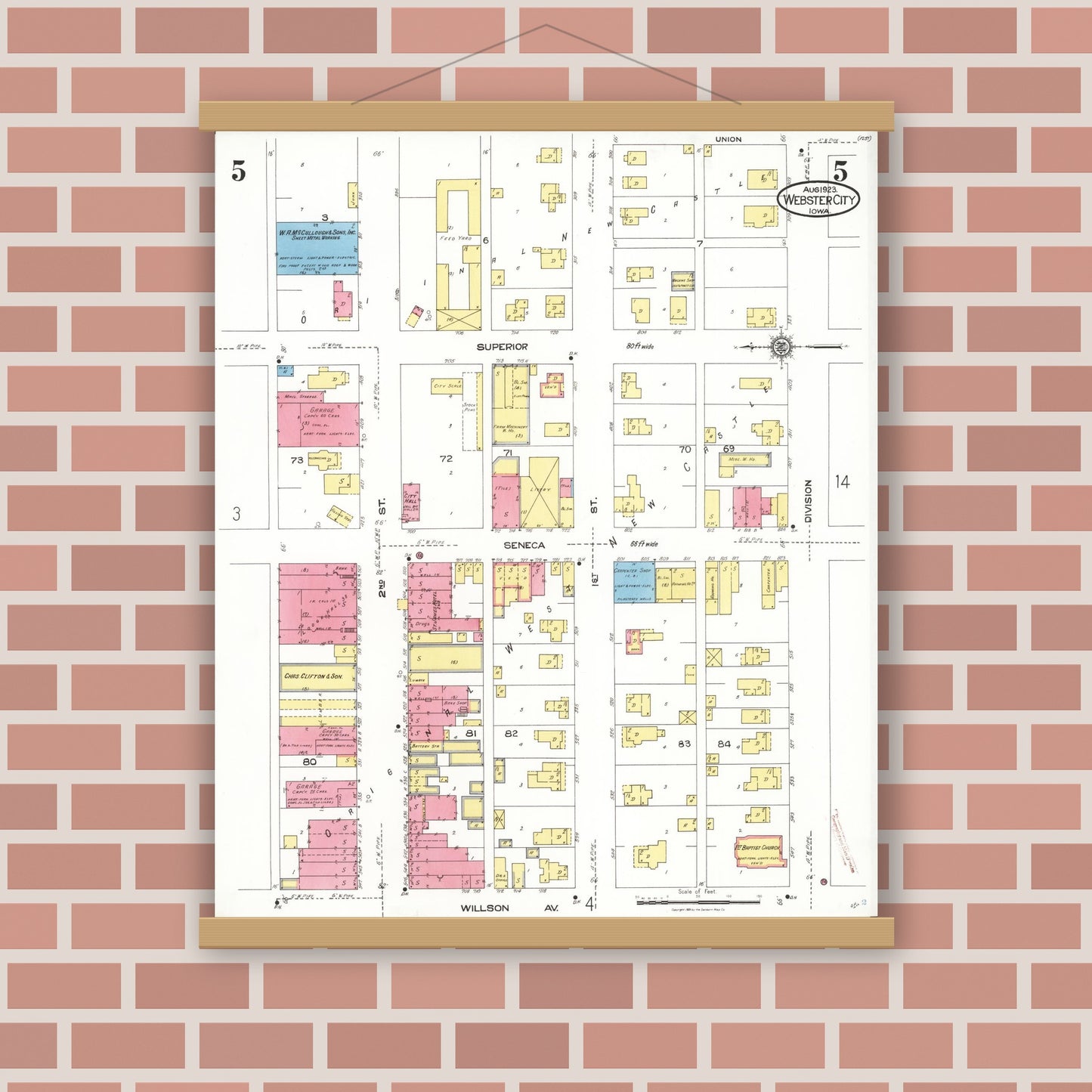 Old map wall art mockup — magnetic wood frame on brick wall — Sanborn Fire Insurance Map from Webster City, Hamilton County, Iowa (1923), Sheet #0005