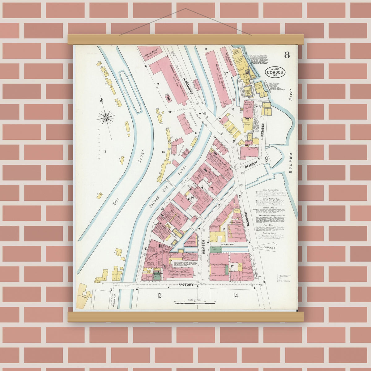 Old map wall art mockup — magnetic wood frame on brick wall — Sanborn Fire Insurance Map from Cohoes, Albany County, New York (1902), Sheet #0008