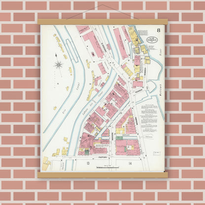 Old map wall art mockup — magnetic wood frame on brick wall — Sanborn Fire Insurance Map from Cohoes, Albany County, New York (1902), Sheet #0008