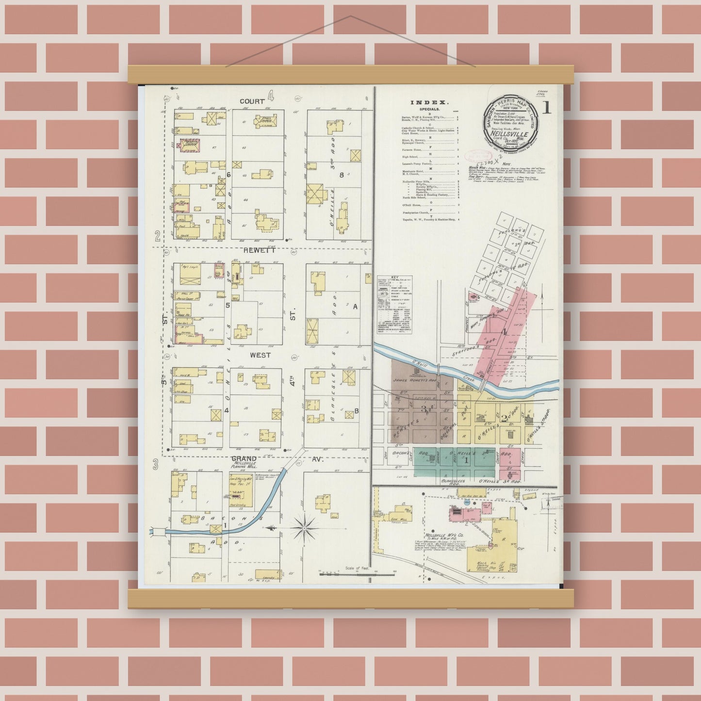 Old map wall art mockup — magnetic wood frame on brick wall — Sanborn Fire Insurance Map from Neillsville, Clark County, Wisconsin (1892), Sheet #0001