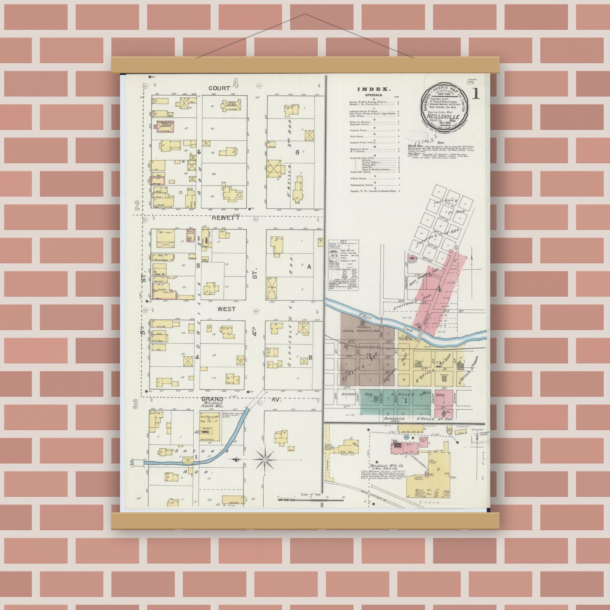 Old map wall art mockup — magnetic wood frame on brick wall — Sanborn Fire Insurance Map from Neillsville, Clark County, Wisconsin (1892), Sheet #0001