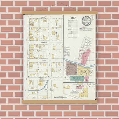 Old map wall art mockup — magnetic wood frame on brick wall — Sanborn Fire Insurance Map from Neillsville, Clark County, Wisconsin (1892), Sheet #0001