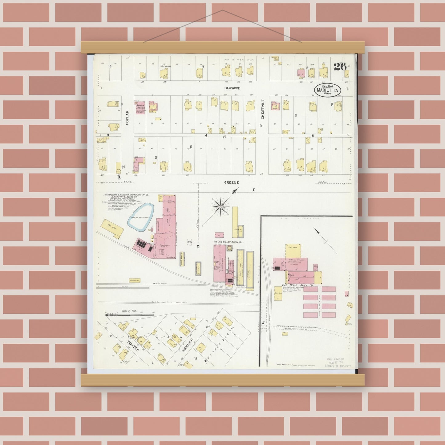 Old map wall art mockup — magnetic wood frame on brick wall — Sanborn Fire Insurance Map from Marietta, Washington County, Ohio (1907), Sheet #0026