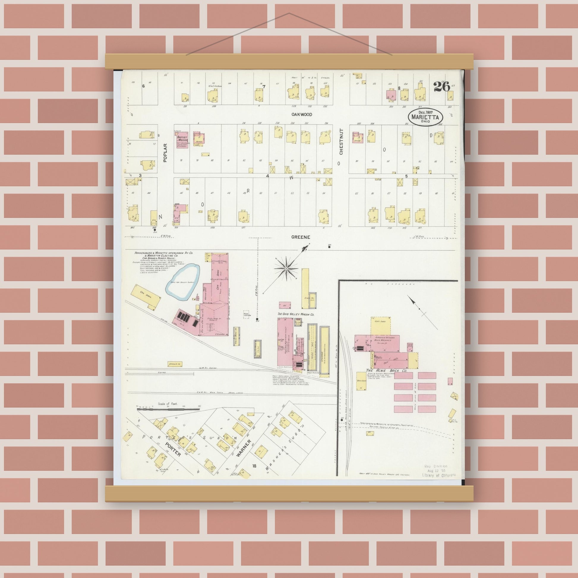 Old map wall art mockup — magnetic wood frame on brick wall — Sanborn Fire Insurance Map from Marietta, Washington County, Ohio (1907), Sheet #0026