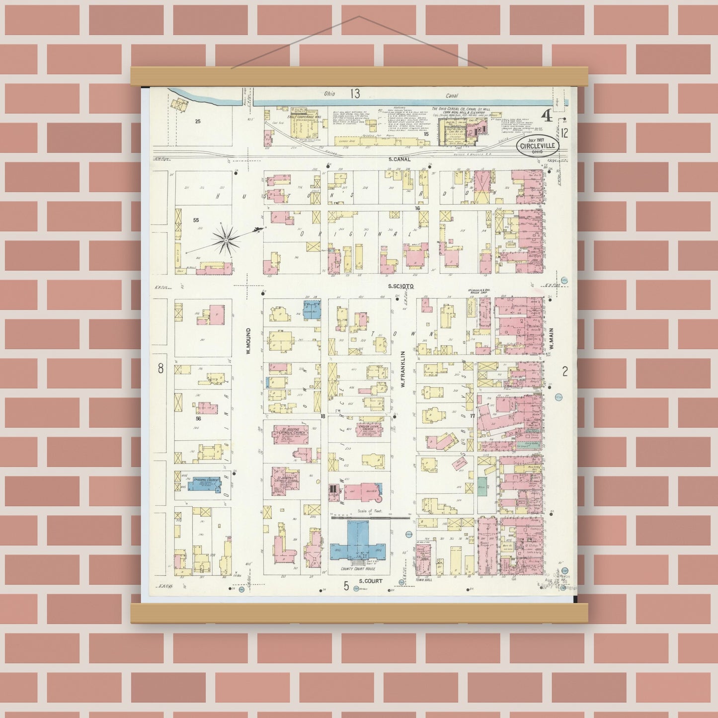 Old map wall art mockup — magnetic wood frame on brick wall — Sanborn Fire Insurance Map from Circleville, Pickaway County, Ohio (1907), Sheet #0004
