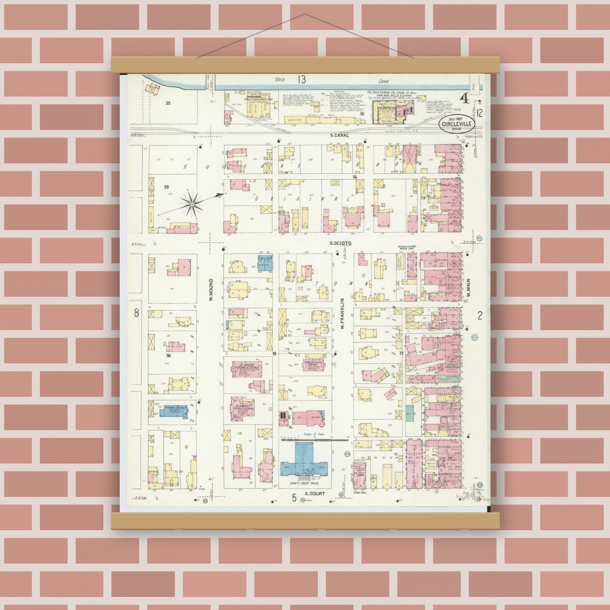 Old map wall art mockup — magnetic wood frame on brick wall — Sanborn Fire Insurance Map from Circleville, Pickaway County, Ohio (1907), Sheet #0004