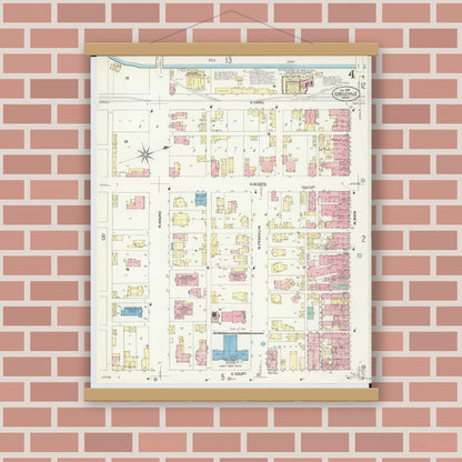 Old map wall art mockup — magnetic wood frame on brick wall — Sanborn Fire Insurance Map from Circleville, Pickaway County, Ohio (1907), Sheet #0004