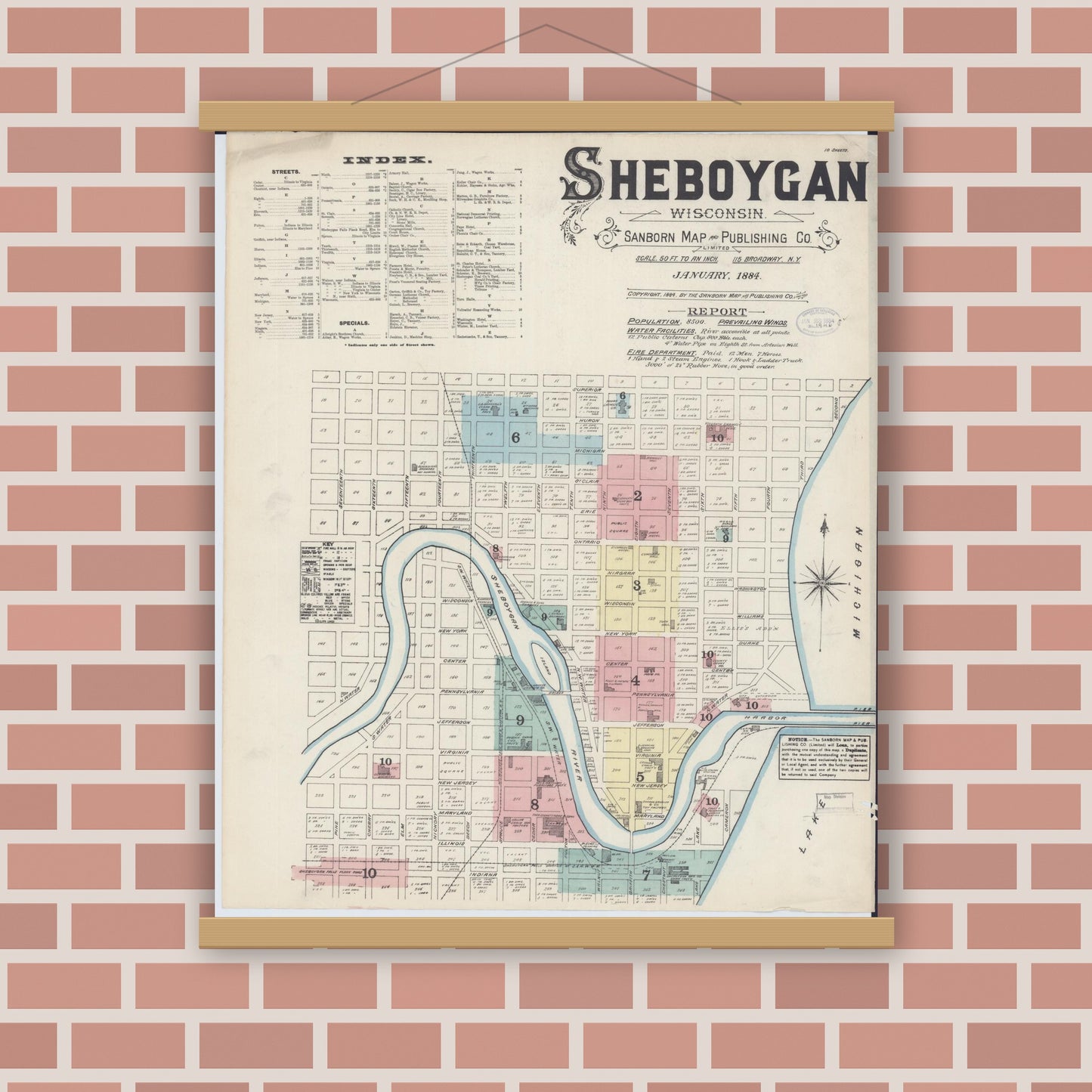 Old map wall art mockup — magnetic wood frame on brick wall — Sanborn Fire Insurance Map from Sheboygan, Sheboygan County, Wisconsin (1884) - Complete Map Set
