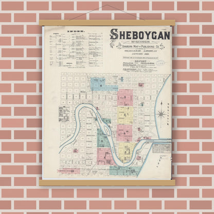 Old map wall art mockup — magnetic wood frame on brick wall — Sanborn Fire Insurance Map from Sheboygan, Sheboygan County, Wisconsin (1884) - Complete Map Set