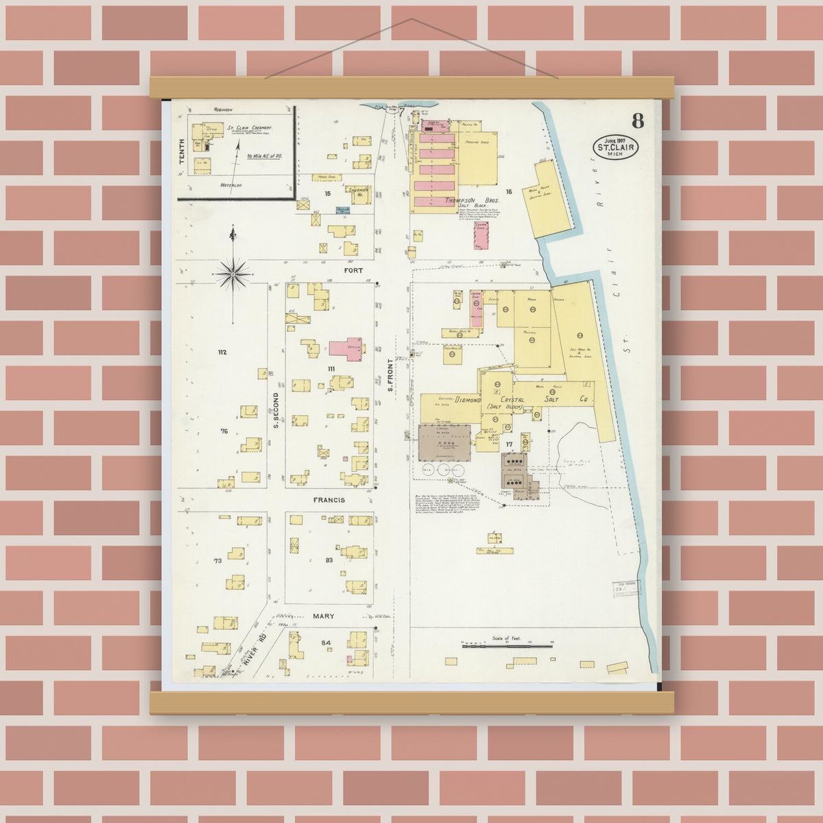 Old map wall art mockup — magnetic wood frame on brick wall — Sanborn Fire Insurance Map from Saint Clair, Saint Clair County, Michigan (1907), Sheet #0008