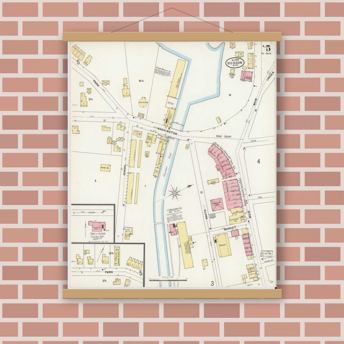 Old map wall art mockup — magnetic wood frame on brick wall — Sanborn Fire Insurance Map from Hudson, Middlesex County, Massachusetts (1897), Sheet #0005