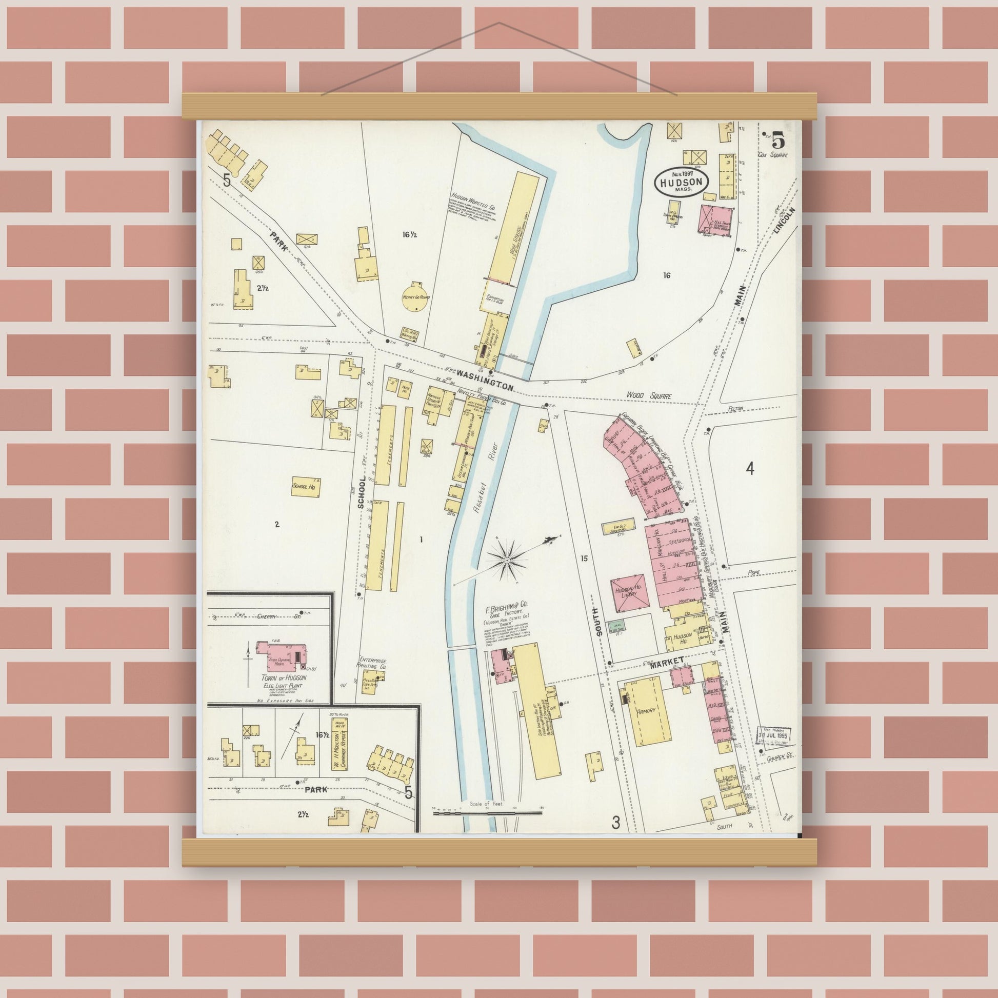 Old map wall art mockup — magnetic wood frame on brick wall — Sanborn Fire Insurance Map from Hudson, Middlesex County, Massachusetts (1897), Sheet #0005