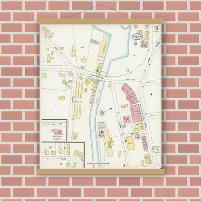 Old map wall art mockup — magnetic wood frame on brick wall — Sanborn Fire Insurance Map from Hudson, Middlesex County, Massachusetts (1897), Sheet #0005