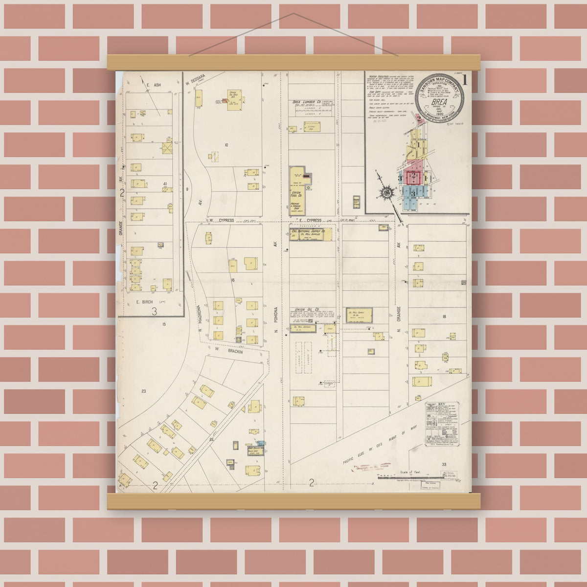Old map wall art mockup — magnetic wood frame on brick wall — Sanborn Fire Insurance Map from Brea, Orange County, California (1920), Sheet #0001