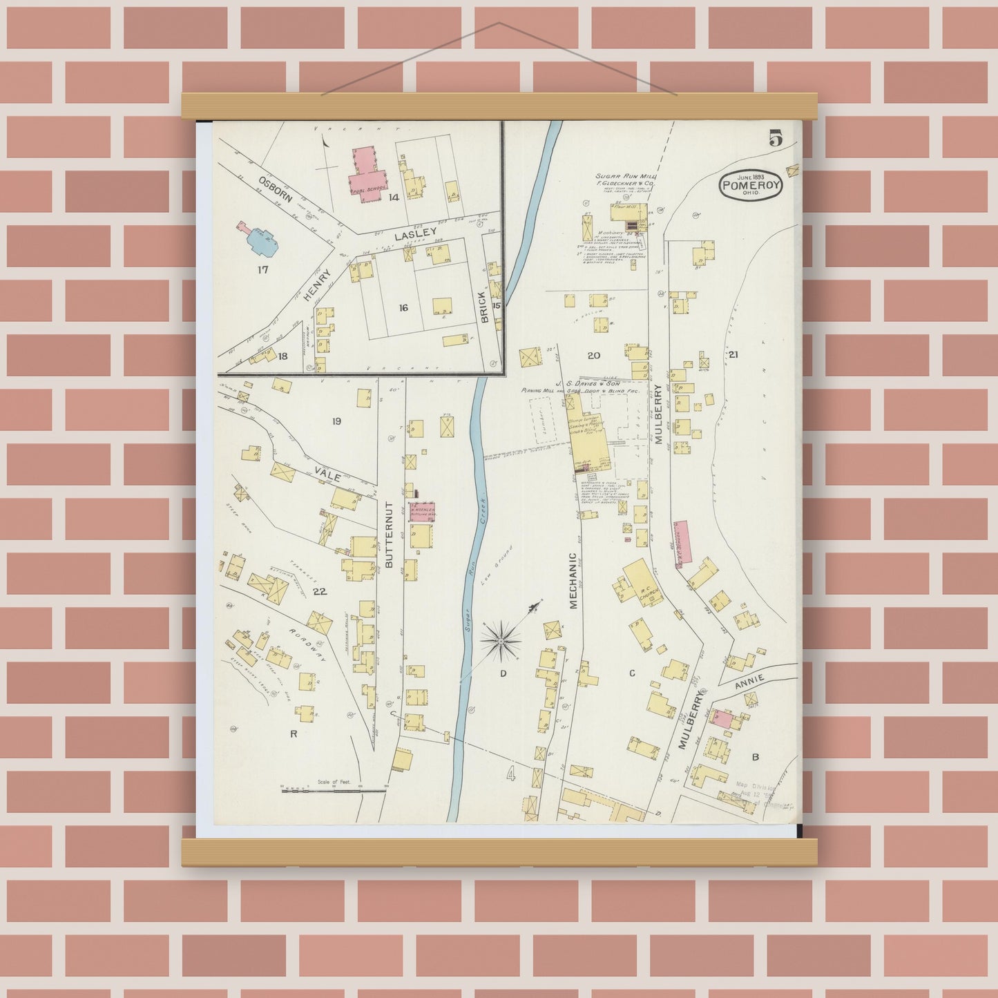 Old map wall art mockup — magnetic wood frame on brick wall — Sanborn Fire Insurance Map from Pomeroy, Meigs County, Ohio (1893), Sheet #0005