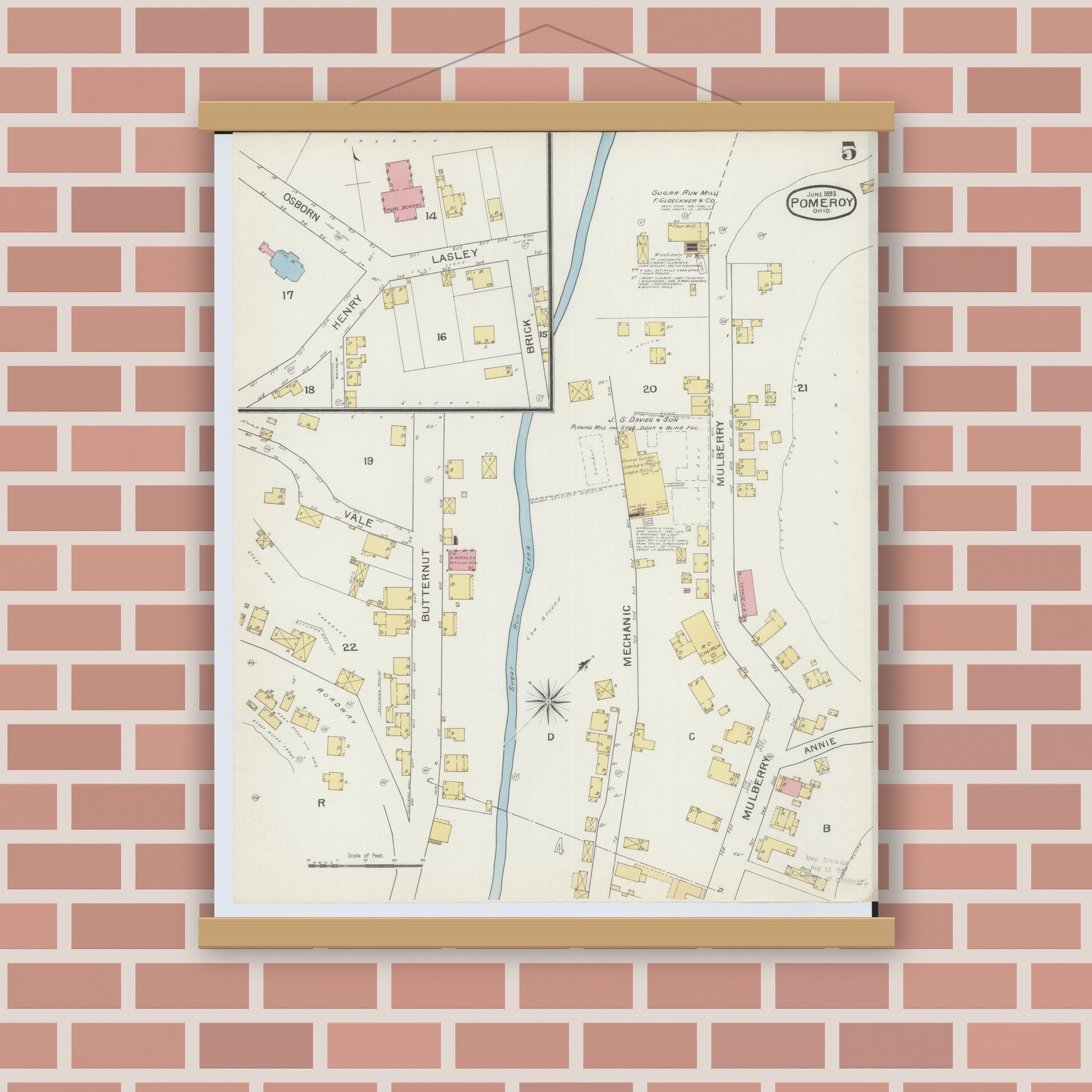 Old map wall art mockup — magnetic wood frame on brick wall — Sanborn Fire Insurance Map from Pomeroy, Meigs County, Ohio (1893), Sheet #0005