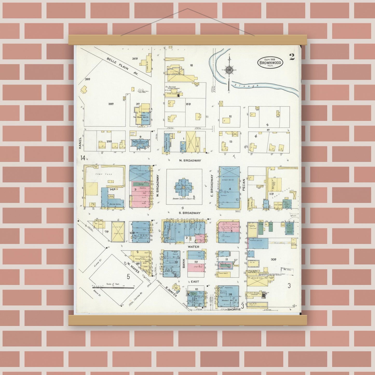 Old map wall art mockup — magnetic wood frame on brick wall — Sanborn Fire Insurance Map from Brownwood, Brown County, Texas (1909), Sheet #0002