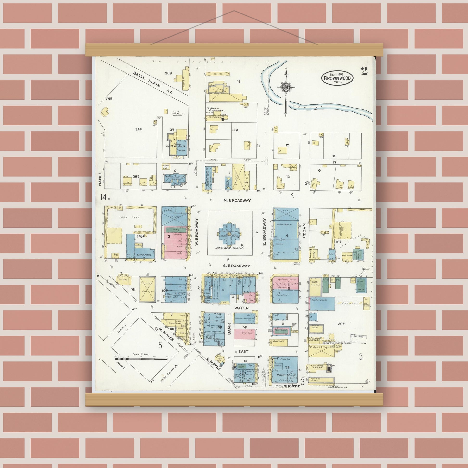 Old map wall art mockup — magnetic wood frame on brick wall — Sanborn Fire Insurance Map from Brownwood, Brown County, Texas (1909), Sheet #0002