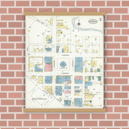 Old map wall art mockup — magnetic wood frame on brick wall — Sanborn Fire Insurance Map from Brownwood, Brown County, Texas (1909), Sheet #0002