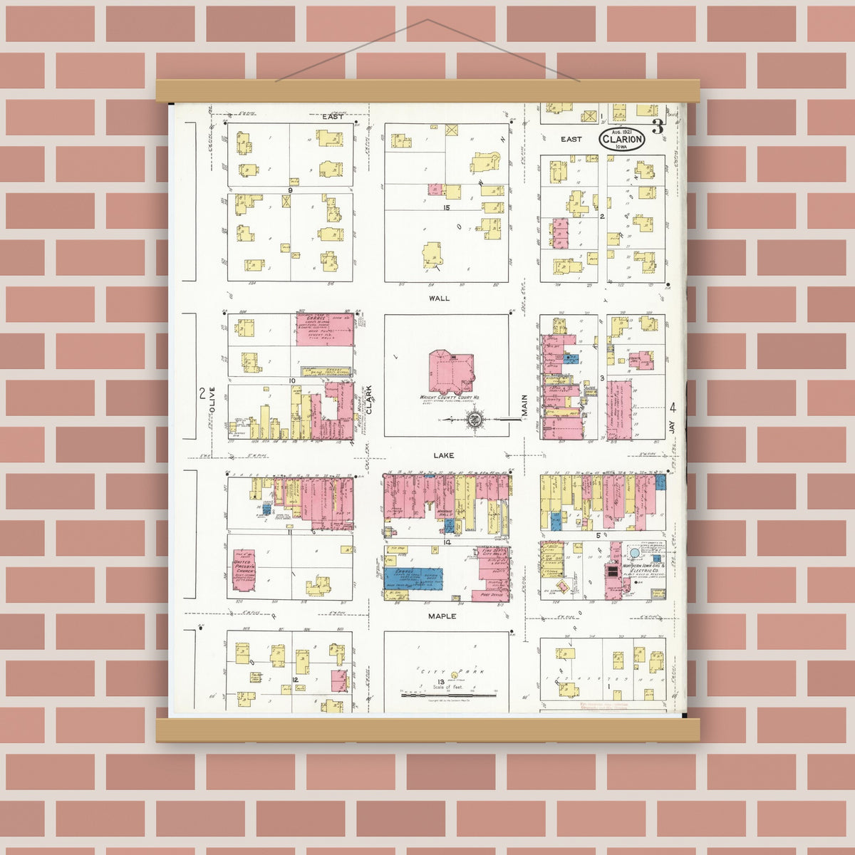 Old map wall art mockup — magnetic wood frame on brick wall — Sanborn Fire Insurance Map from Clarion, Wright County, Iowa (1921), Sheet #0003