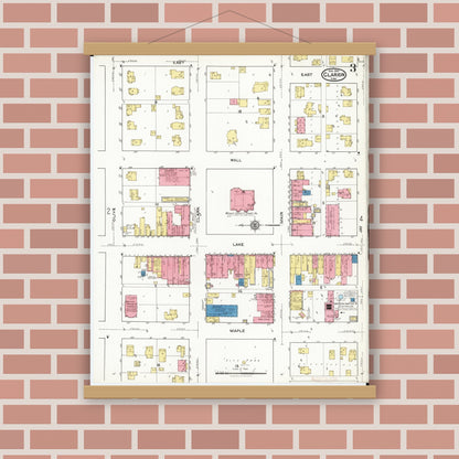 Old map wall art mockup — magnetic wood frame on brick wall — Sanborn Fire Insurance Map from Clarion, Wright County, Iowa (1921), Sheet #0003