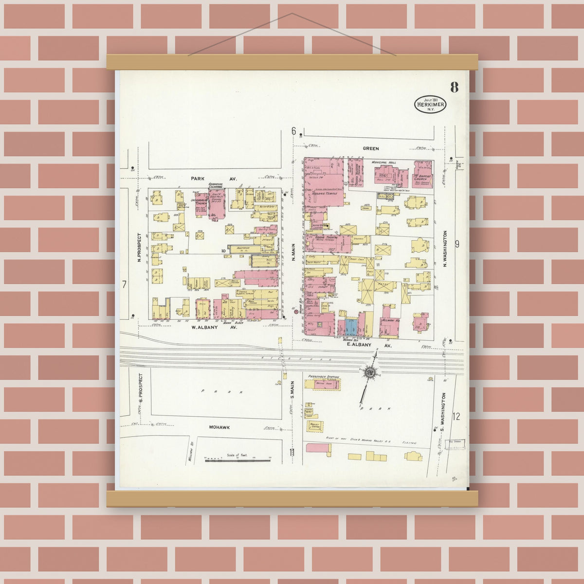 Old map wall art mockup — magnetic wood frame on brick wall — Sanborn Fire Insurance Map from Herkimer, Herkimer County, New York (1911), Sheet #0008
