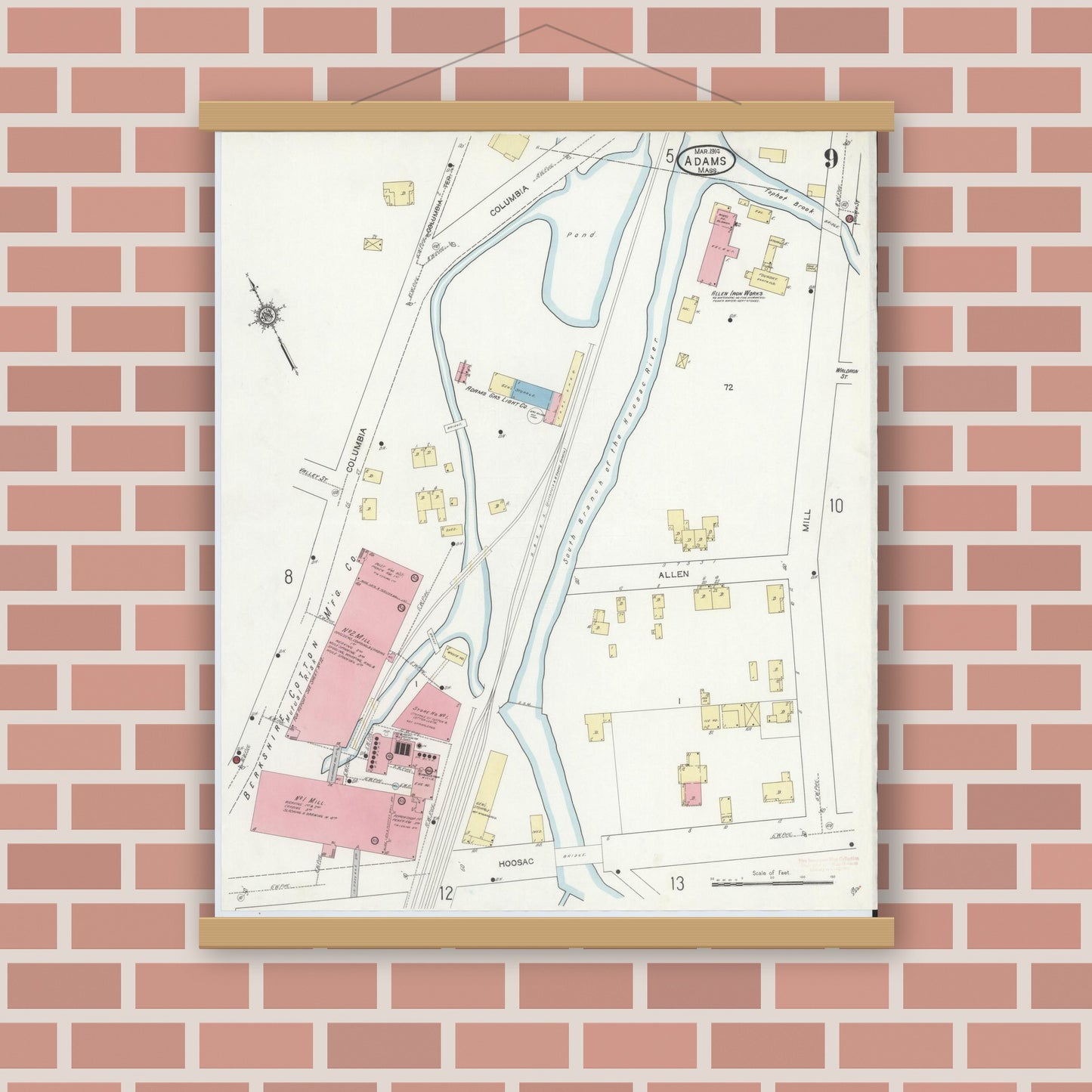 Old map wall art mockup — magnetic wood frame on brick wall — Sanborn Fire Insurance Map from Adams, Berkshire County, Massachusetts (1914), Sheet #0009
