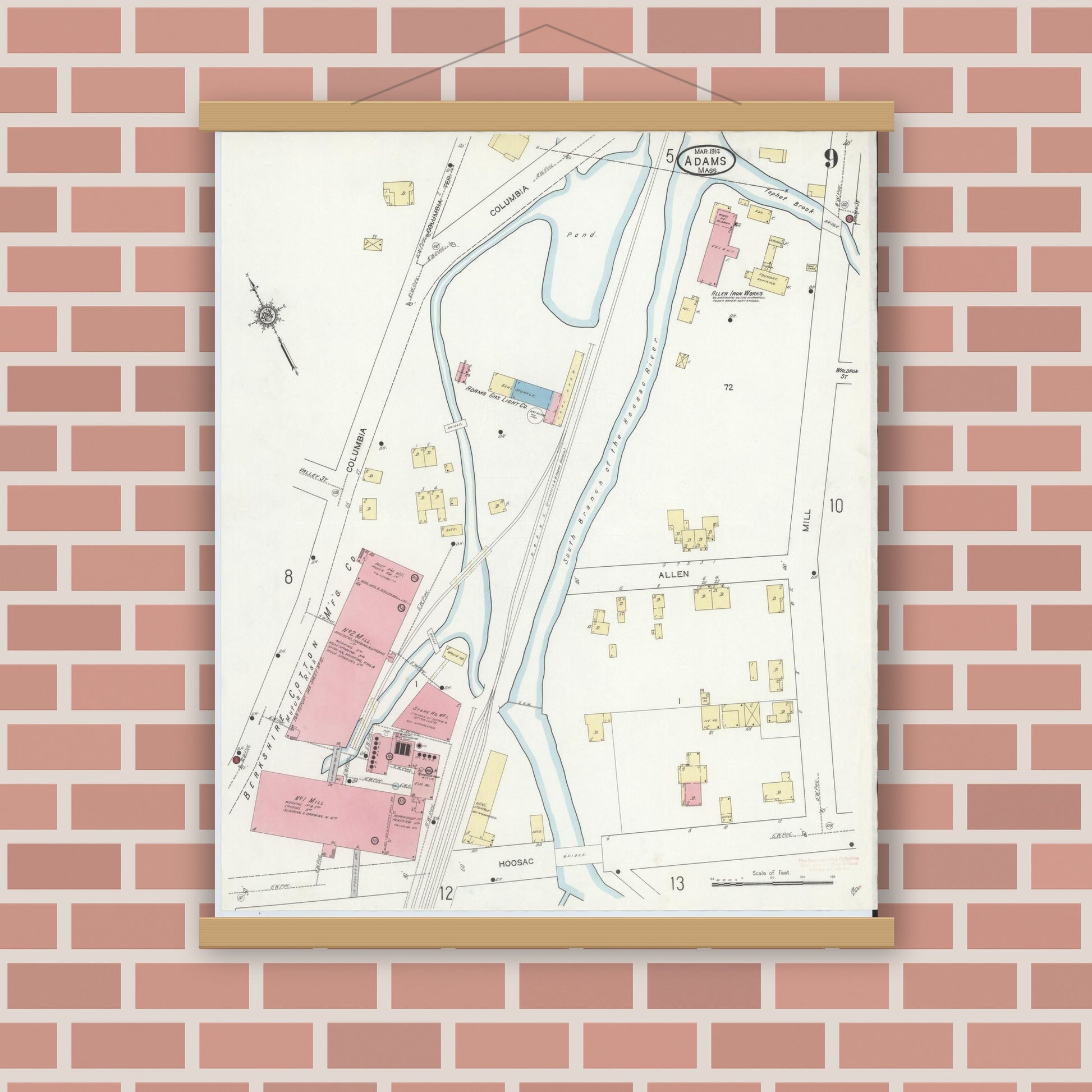 Old map wall art mockup — magnetic wood frame on brick wall — Sanborn Fire Insurance Map from Adams, Berkshire County, Massachusetts (1914), Sheet #0009