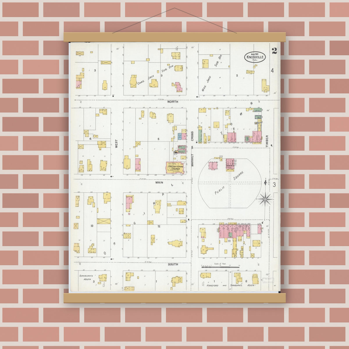 Old map wall art mockup — magnetic wood frame on brick wall — Sanborn Fire Insurance Map from Knoxville, Knox County, Illinois (1901), Sheet #0002