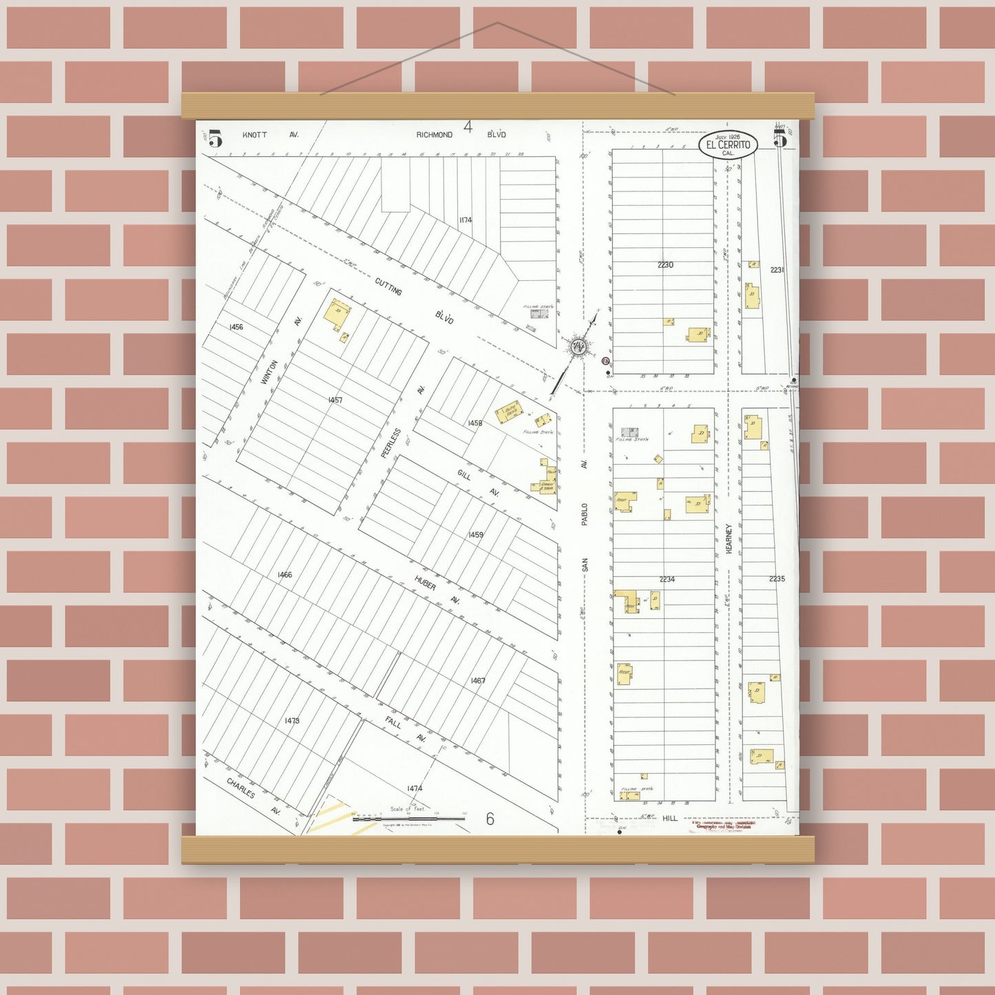 Old map wall art mockup — magnetic wood frame on brick wall — Sanborn Fire Insurance Map from El Cerrito, Contra Costa County, California (1926), Sheet #0005