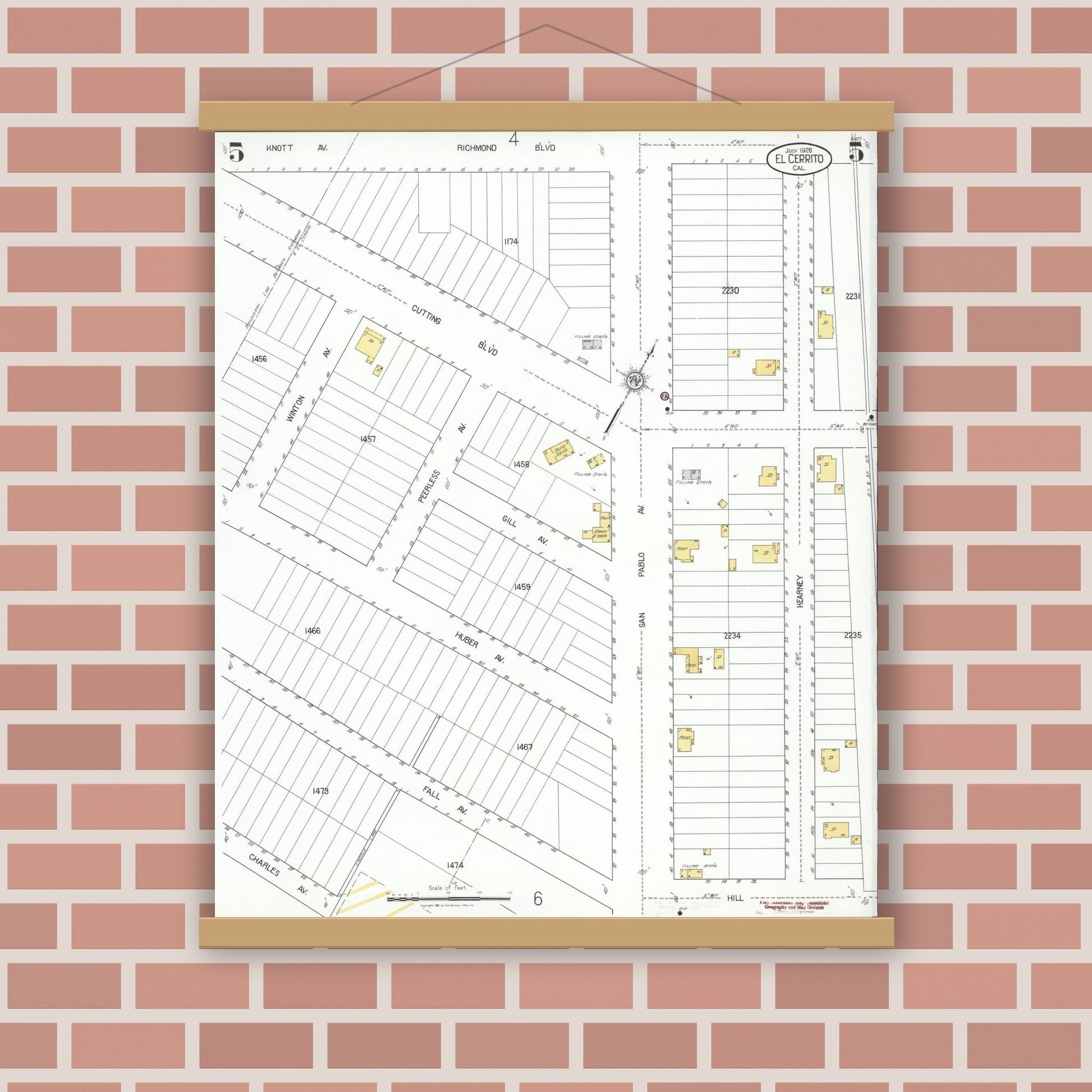 Old map wall art mockup — magnetic wood frame on brick wall — Sanborn Fire Insurance Map from El Cerrito, Contra Costa County, California (1926), Sheet #0005