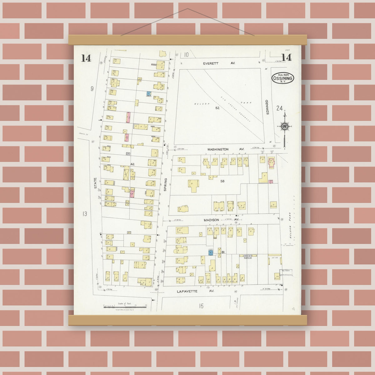 Old map wall art mockup — magnetic wood frame on brick wall — Sanborn Fire Insurance Map from Ossining, Westchester County, New York (1924), Sheet #0014