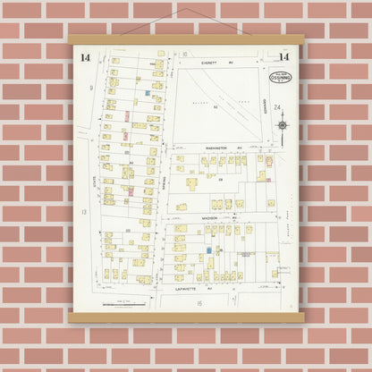 Old map wall art mockup — magnetic wood frame on brick wall — Sanborn Fire Insurance Map from Ossining, Westchester County, New York (1924), Sheet #0014