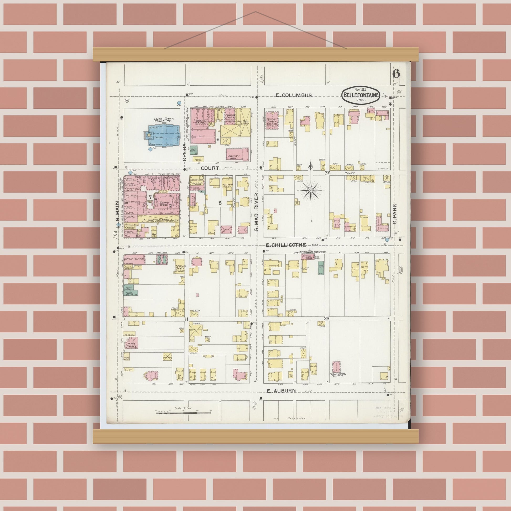 Old map wall art mockup — magnetic wood frame on brick wall — Sanborn Fire Insurance Map from Bellefontaine, Logan County, Ohio (1892), Sheet #0006