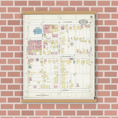 Old map wall art mockup — magnetic wood frame on brick wall — Sanborn Fire Insurance Map from Bellefontaine, Logan County, Ohio (1892), Sheet #0006