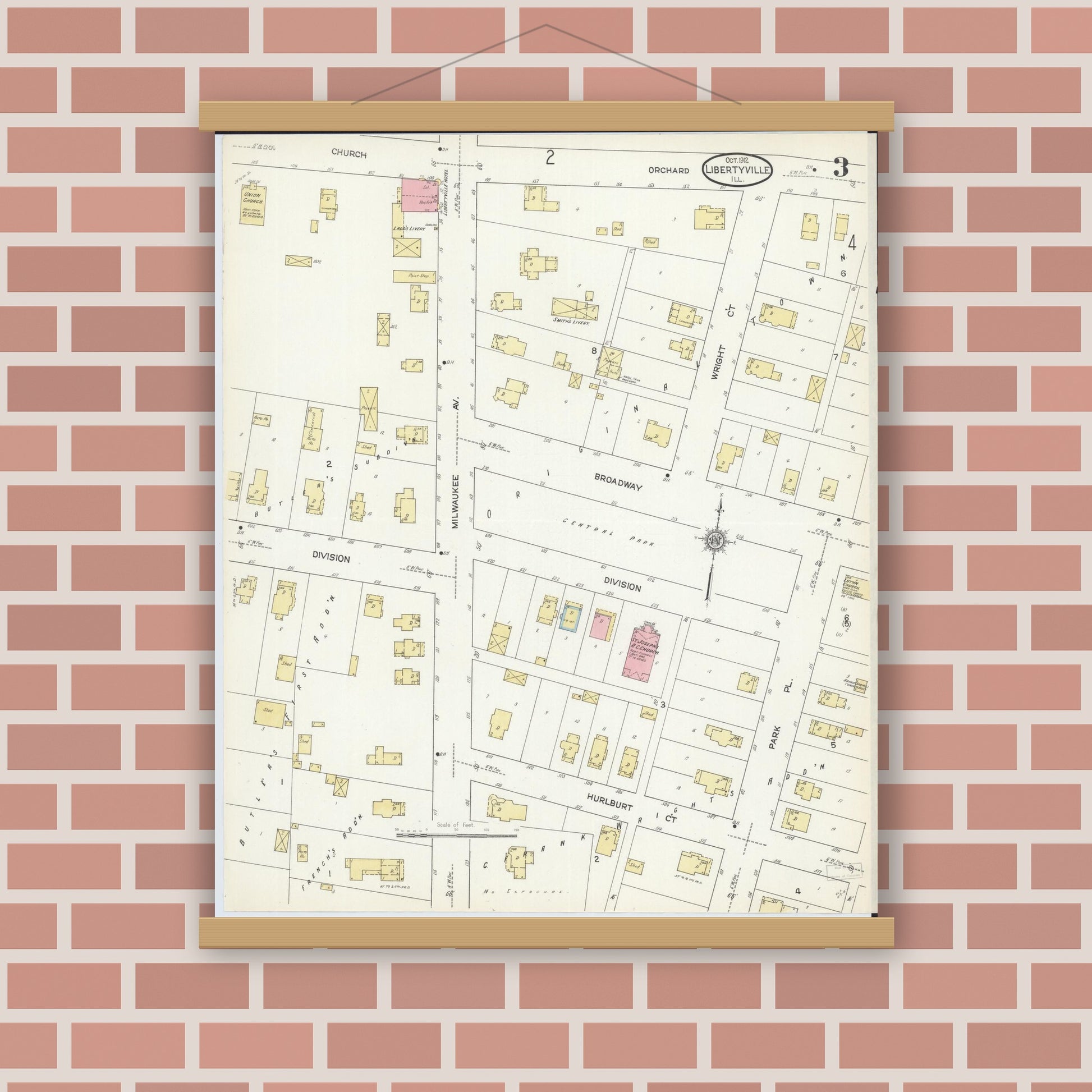 Old map wall art mockup — magnetic wood frame on brick wall — Sanborn Fire Insurance Map from Libertyville, Lake County, Illinois (1912), Sheet #0003