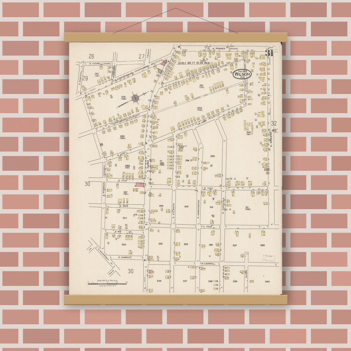 Old map wall art mockup — magnetic wood frame on brick wall — Sanborn Fire Insurance Map from Wilson, Wilson County, North Carolina (1922), Sheet #0031