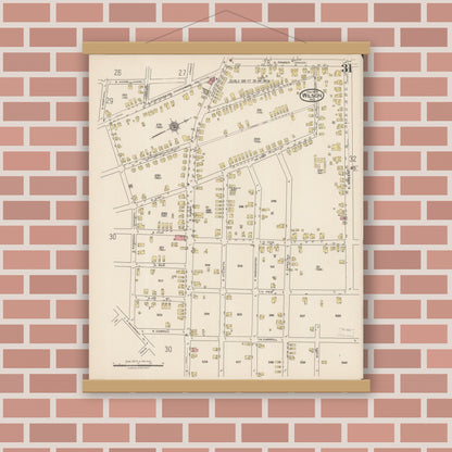 Old map wall art mockup — magnetic wood frame on brick wall — Sanborn Fire Insurance Map from Wilson, Wilson County, North Carolina (1922), Sheet #0031