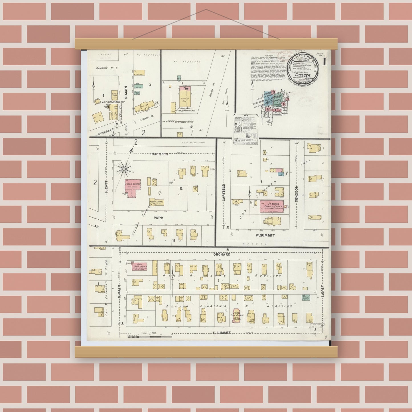 Old map wall art mockup — magnetic wood frame on brick wall — Sanborn Fire Insurance Map from Chelsea, Washtenaw County, Michigan (1899) - Complete Map Set