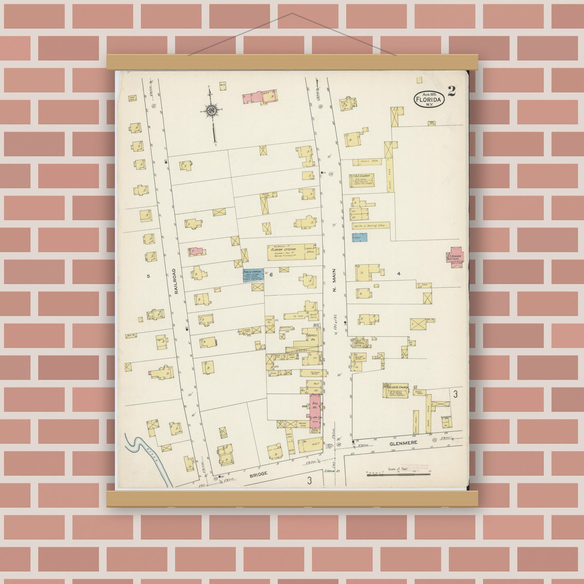 Old map wall art mockup — magnetic wood frame on brick wall — Sanborn Fire Insurance Map from Florida, Orange County, New York (1915), Sheet #0002
