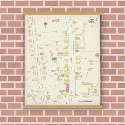 Old map wall art mockup — magnetic wood frame on brick wall — Sanborn Fire Insurance Map from Florida, Orange County, New York (1915), Sheet #0002