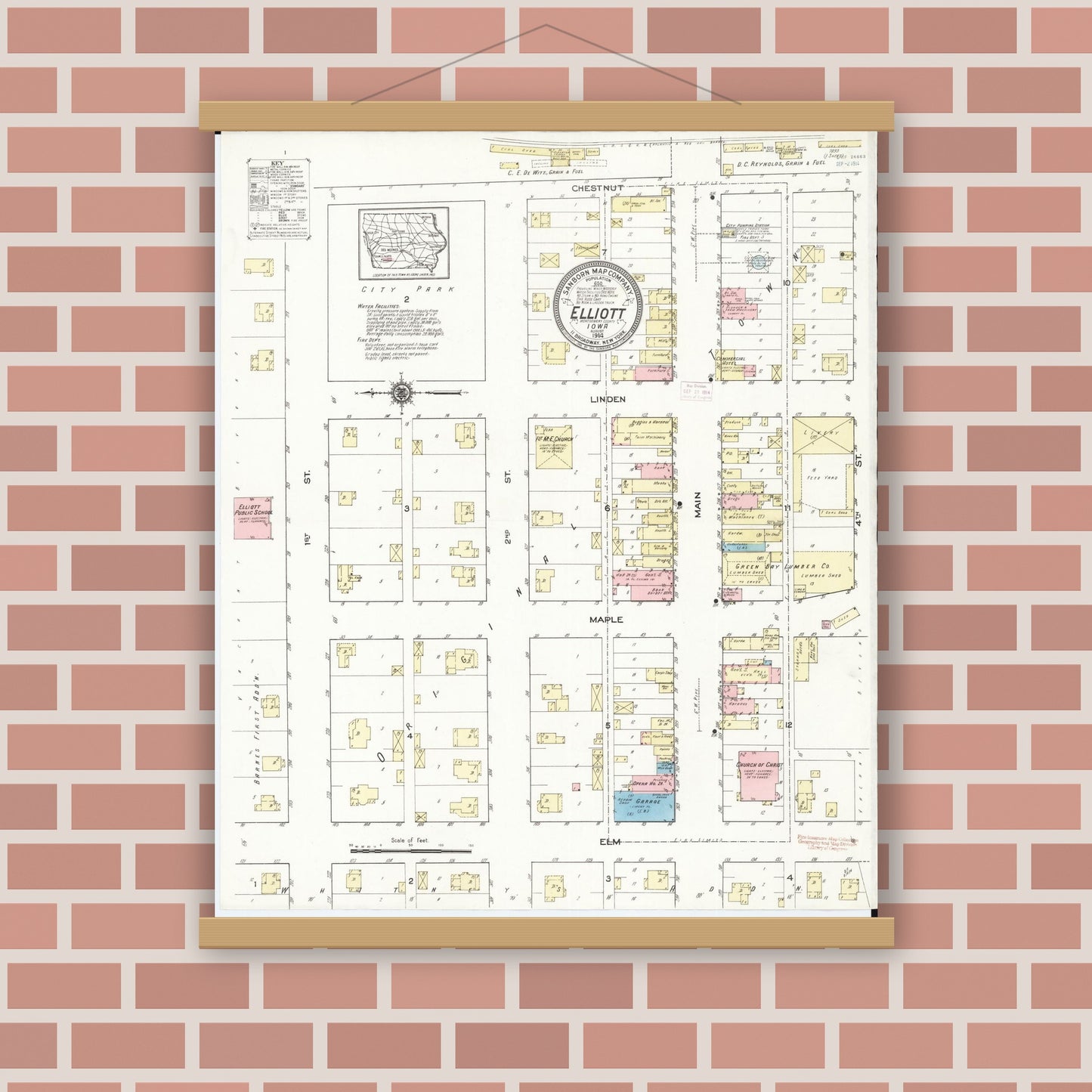 Old map wall art mockup — magnetic wood frame on brick wall — Sanborn Fire Insurance Map from Elliott, Montgomery County, Iowa (1914), Sheet #0001