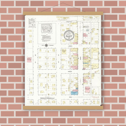 Old map wall art mockup — magnetic wood frame on brick wall — Sanborn Fire Insurance Map from Elliott, Montgomery County, Iowa (1914), Sheet #0001